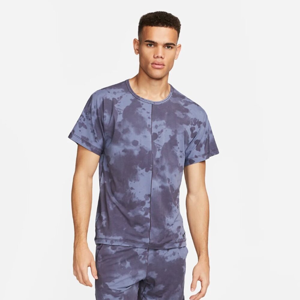 Nike Men's Large Dri-FIT All-Over Print Short-Sleeve Yoga Top Tie Dye Indigo Blu